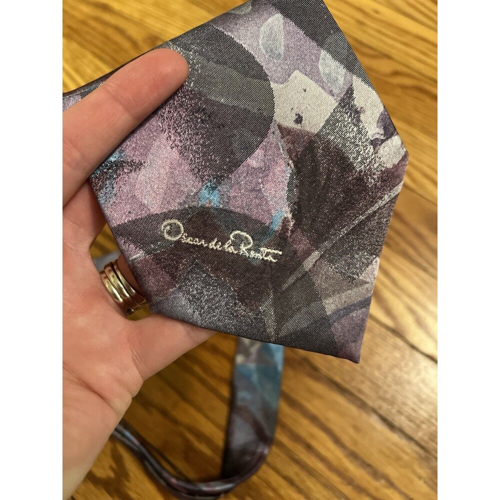 Oscar de la Renta Studio 100% Silk Tie Abstract 90s Vintage Teal Purple USA Made